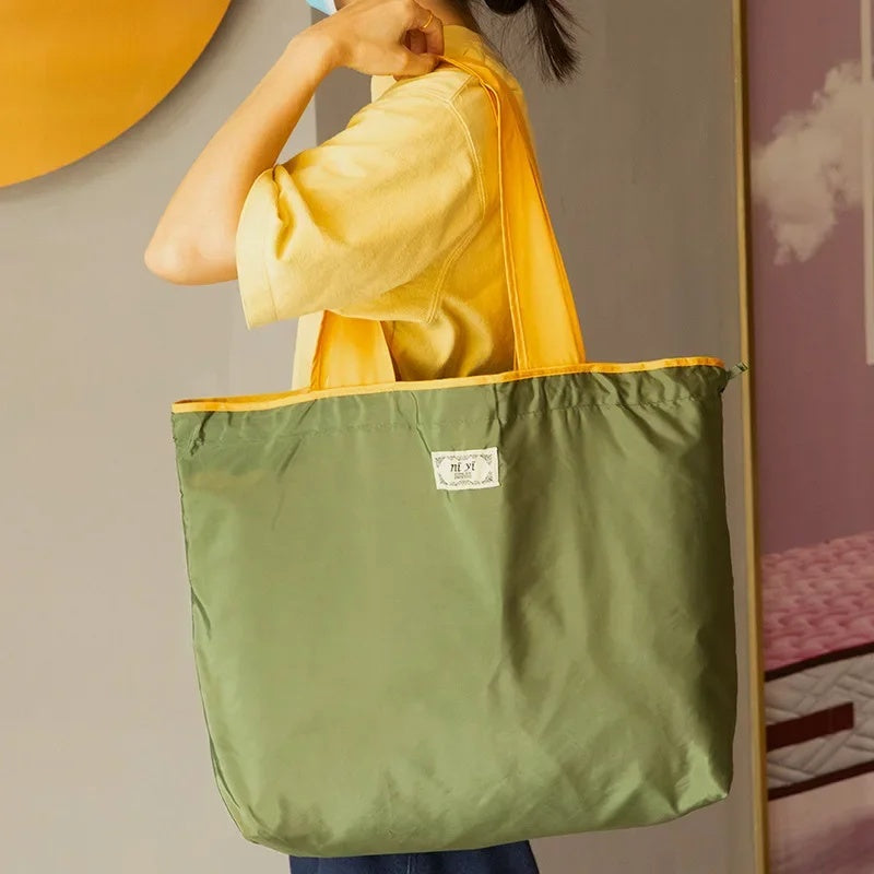 Large Capacity Reusable Drawstring Bag Nylon Foldable Grocery Bag Tote Shopping Bag Eco Large Polyester Beach Bags Totes